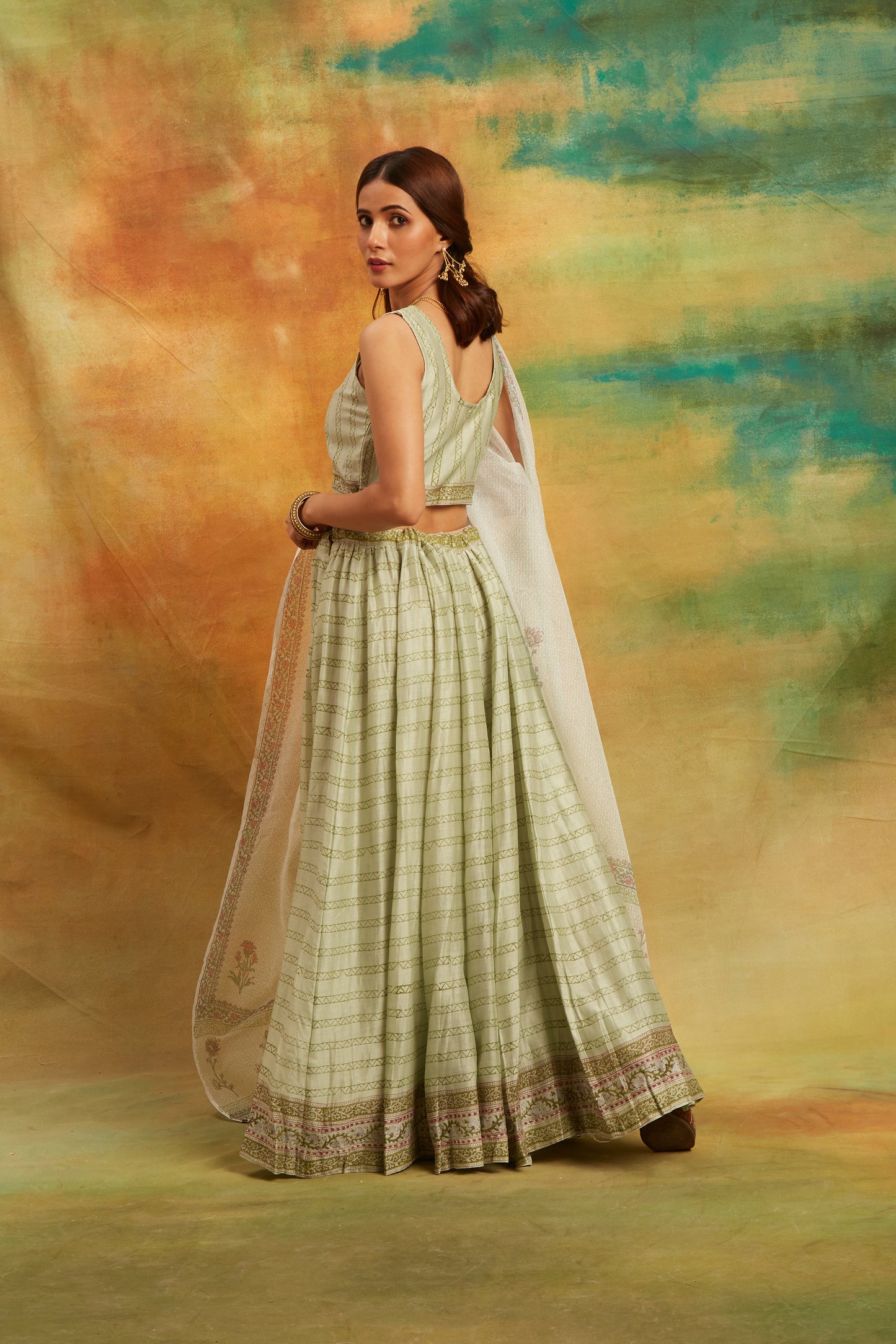 Green Dhari Lehenga Set, Set of 3