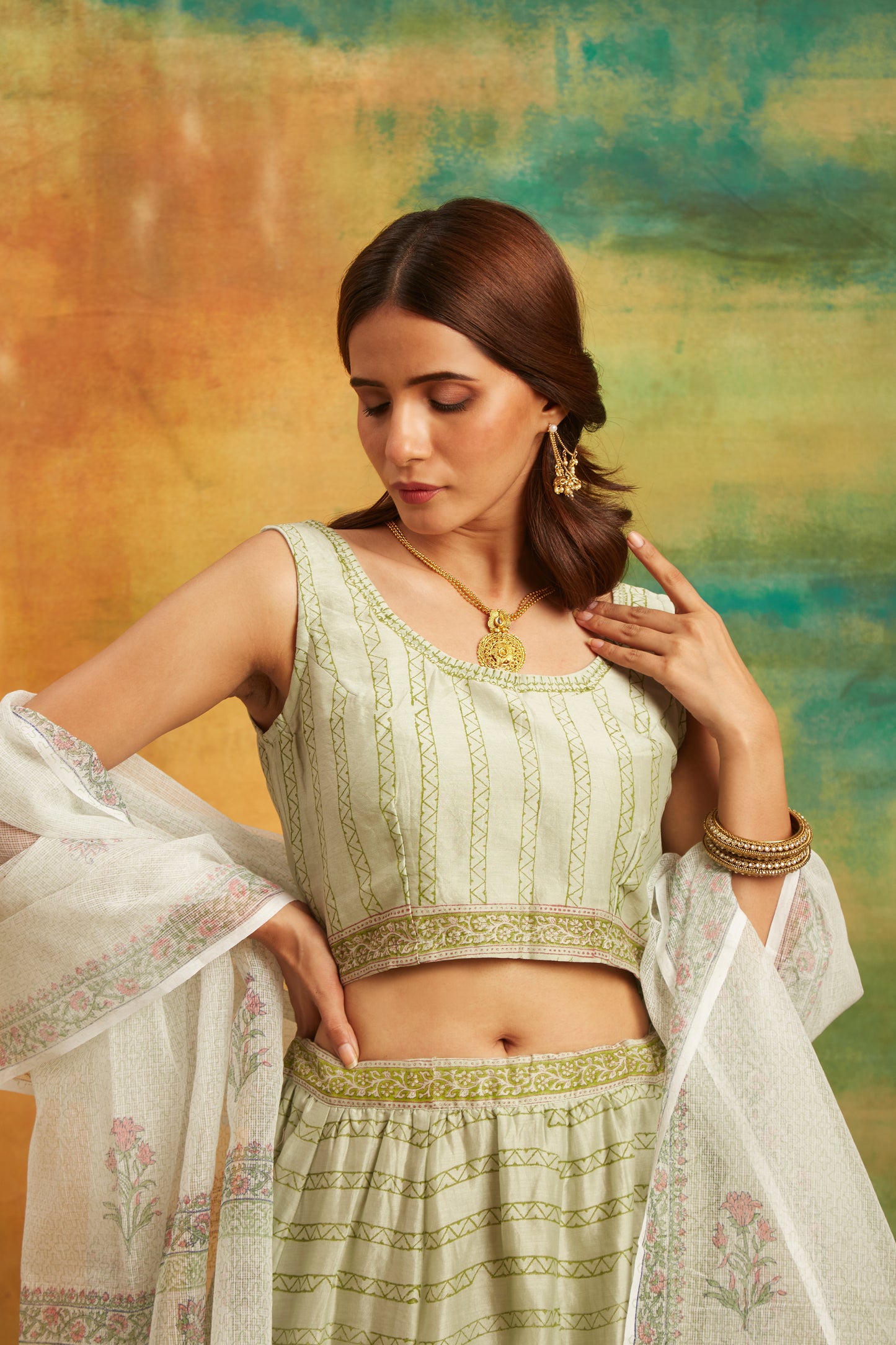 Green Dhari Lehenga Set, Set of 3