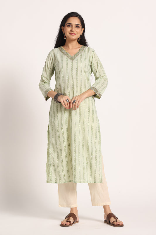 Green Dhari V Neck Kurta Pant- Set Of 2